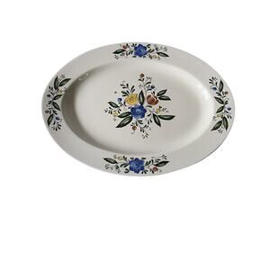 Vintage ASTA Japan Aszi Porcelain Oval Serving Platter Blue Yellow Floral 14"
